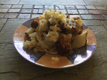 potato, fake sausage, kraut