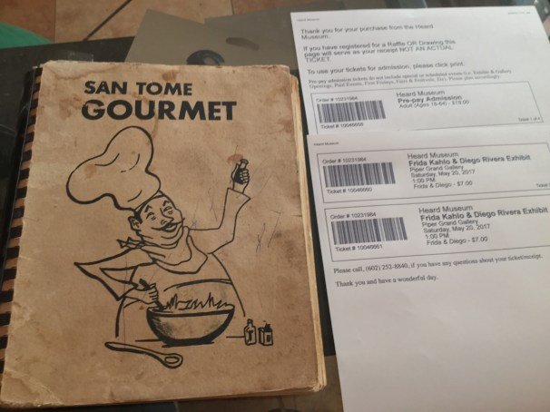 vintage cookbook and tickets