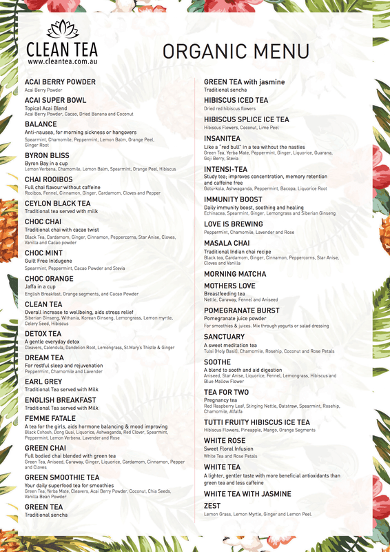 Clean Tea menu